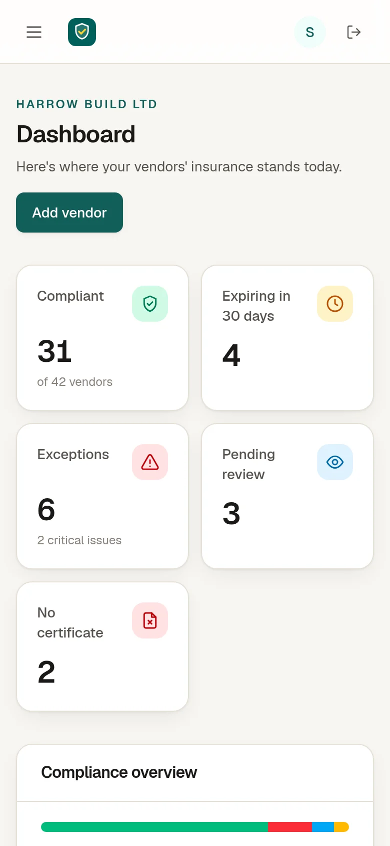 CoverTrack dashboard on a phone (example data)