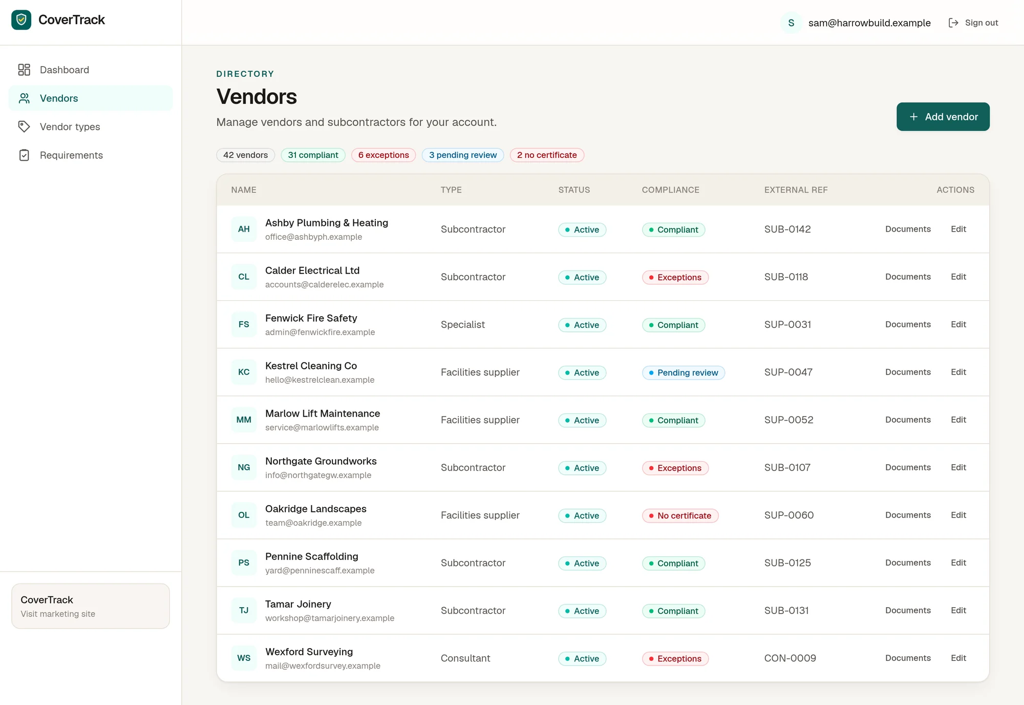 CoverTrack vendor list with compliance status for each vendor (example data)